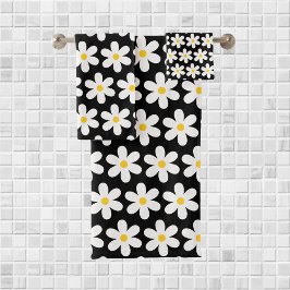 Daisies Retro Floral Pattern White Black Bad Handdoek