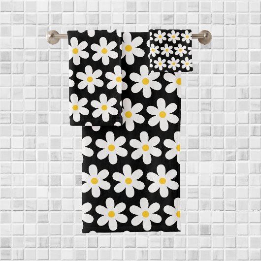Daisies Retro Floral Pattern White Black Bad Handdoek