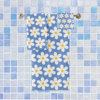 Daisies Retro Floral Pattern White Blue Bad Handdoek