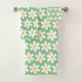 Daisies Retro Floral Pattern White Green Bad Handdoek