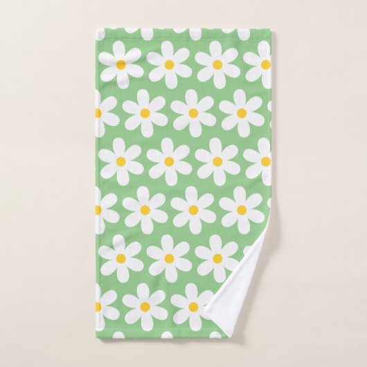 Daisies Retro Floral Pattern White Green Bad Handdoek (Handdoek)