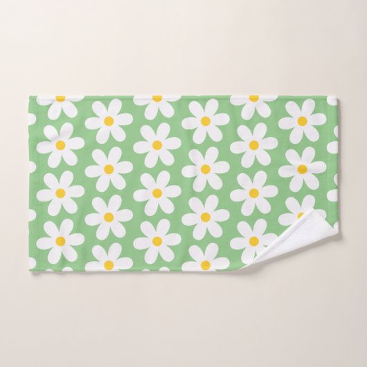 Daisies Retro Floral Pattern White Green Bad Handdoek (Handdoek)