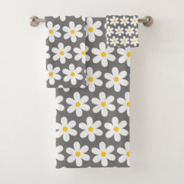 Daisies Retro Floral Pattern White Grey Bad Handdoek