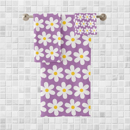Daisies Retro Floral Pattern White Paars Bad Handdoek