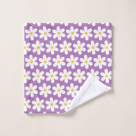 Daisies Retro Floral Pattern White Paars Bad Handdoek (Wasdoekje)