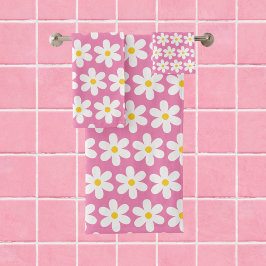 Daisies Retro Floral Pattern White Roze Bad Handdoek