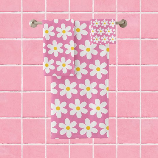 Daisies Retro Floral Pattern White Roze Bad Handdoek