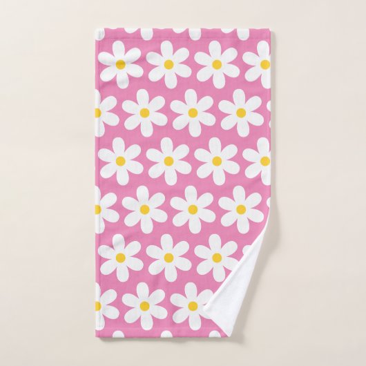 Daisies Retro Floral Pattern White Roze Bad Handdoek (Handdoek)