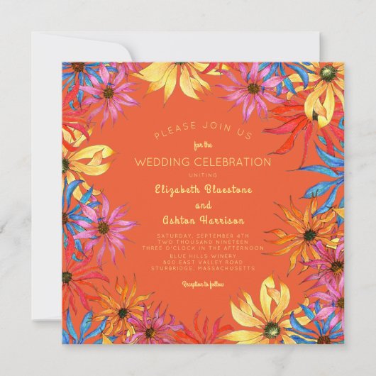 Daisies rondom Oranje huwelijksuitnodiging Kaart (Voorkant)