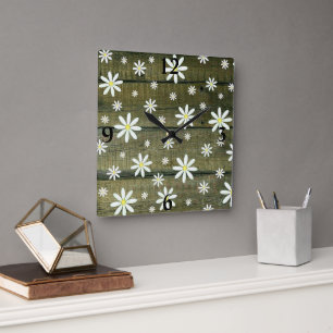 Daisies Rustic Barn Board Daisy Flower Square Wall Vierkante Klok