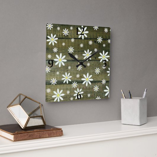Daisies Rustic Barn Board Daisy Flower Square Wall Vierkante Klok (Kantoor)