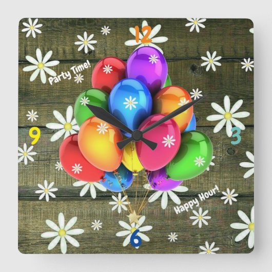 Daisies Rustic Barn Board Party Balloons Vierkante Klok (Voorkant)