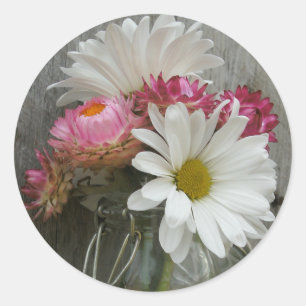 Daisies & Strawflower in een Jar & Barnwood-sticke Ronde Sticker