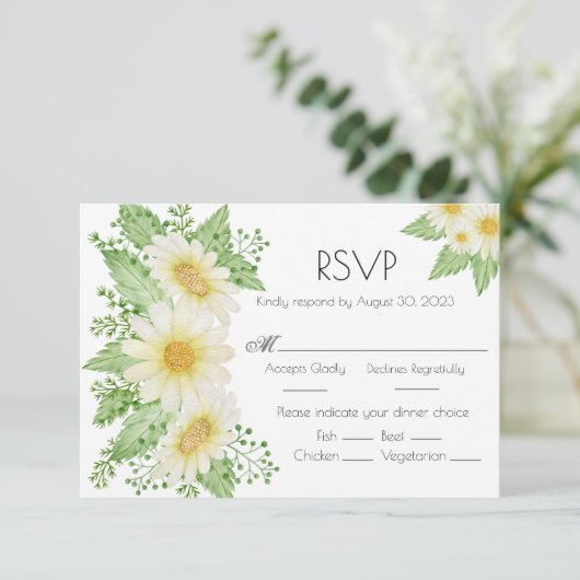 Daisies Waterverf Floral Script Wedding RSVP Kaartje (Staand voorkant)