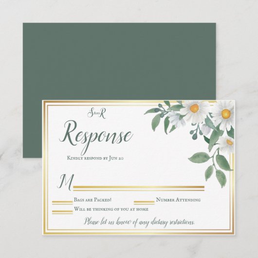 Daisies White Floral Gold Wedding Response Kaart (Voorkant / Achterkant)