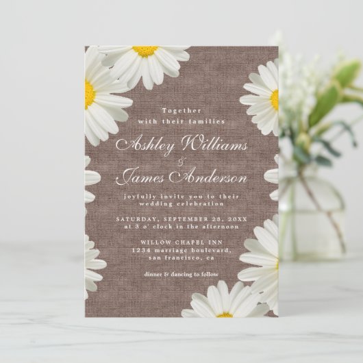 Daisies White Floral Rustic Linen Wedding Kaart (Staand voorkant)