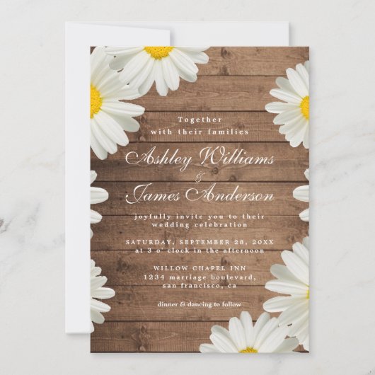  Daisies White Floral Rustic Wood Wedding Kaart (Voorkant)