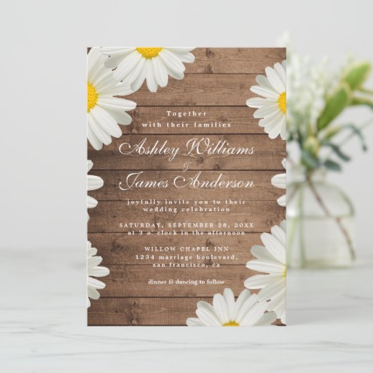  Daisies White Floral Rustic Wood Wedding Kaart (Staand voorkant)