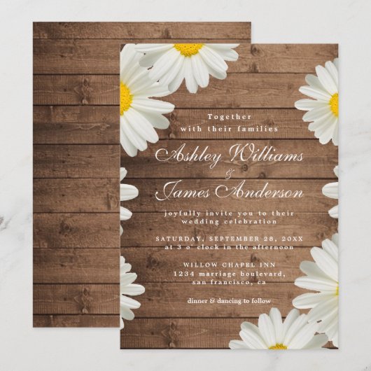 Daisies White Floral Rustic Wood Wedding Kaart (Voorkant / Achterkant)