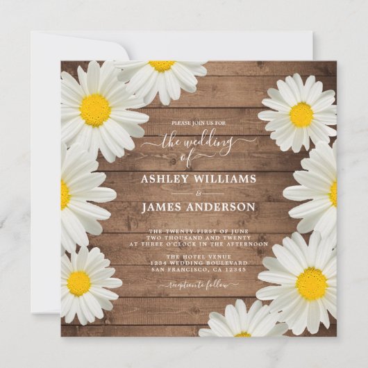  Daisies White Floral Rustic Wood Wedding Kaart (Voorkant)