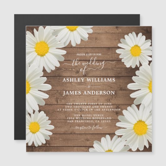  Daisies White Floral Rustic Wood Wedding Magnetische Uitnodiging (Voorkant / Achterkant)