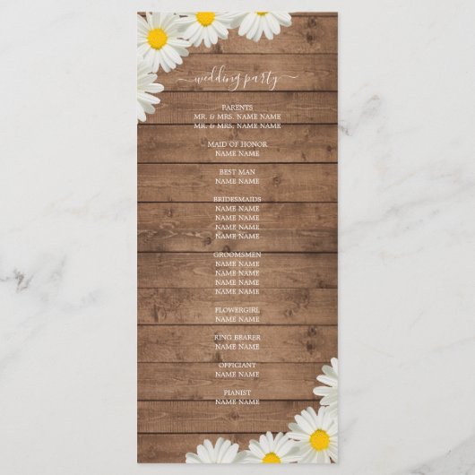 Daisies White Floral Rustic Wood Wedding Programmakaart (Achterkant)