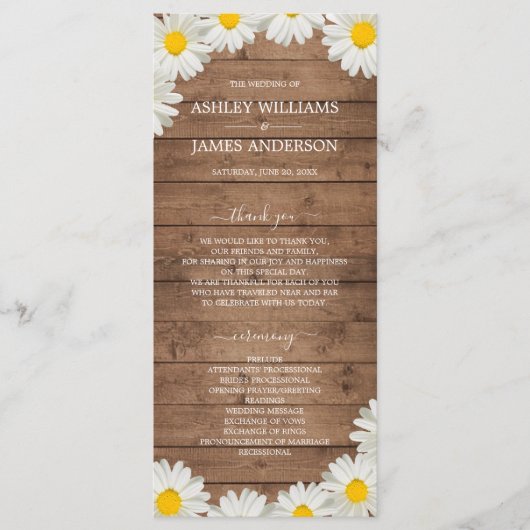 Daisies White Floral Rustic Wood Wedding Programmakaart (Voorkant)