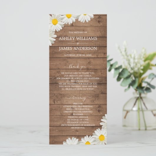 Daisies White Floral Rustic Wood Wedding Programmakaart (Staand voorkant)