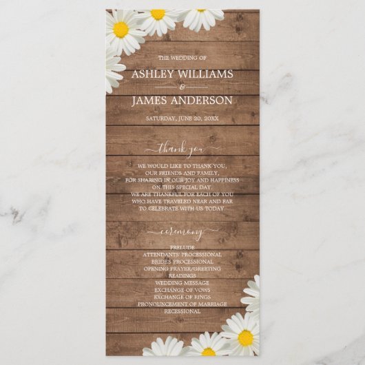 Daisies White Floral Rustic Wood Wedding Programmakaart (Voorkant)