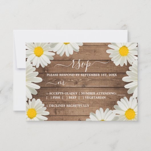  Daisies White Floral Rustic Wood Wedding RSVP Kaartje (Voorkant)