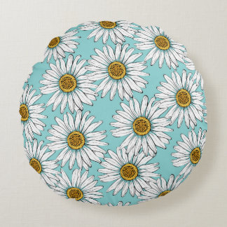 Daisies White Flowers op Blue  Seamless Pat Rond Kussen