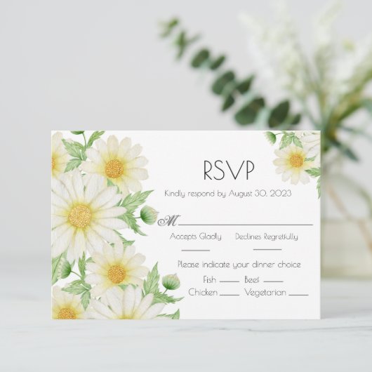 Daisies White Waterverf Floral Script Wedding RSVP Kaartje (Staand voorkant)
