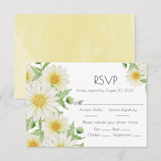 Daisies White Waterverf Floral Script Wedding RSVP Kaartje (Voorkant / Achterkant)