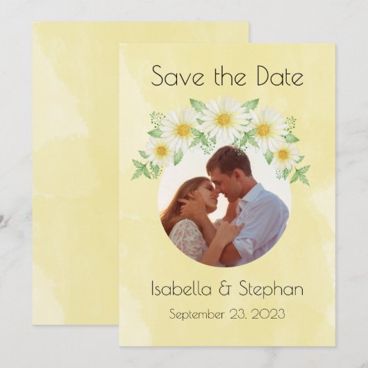 Daisies White Yellow Floral Foto Typografie Save The Date (Voorkant / Achterkant)