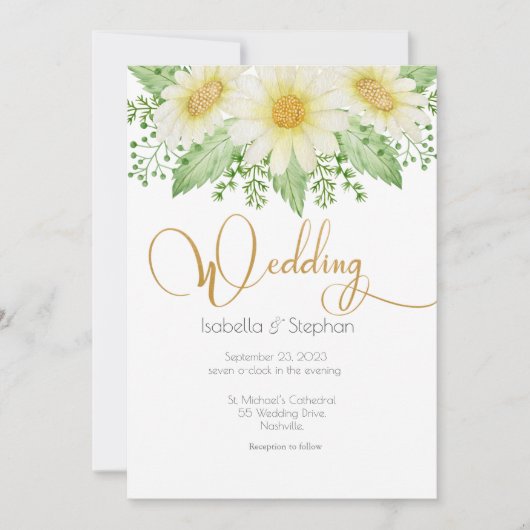 Daisies White Yellow Floral Script Wedding Invitat Kaart (Voorkant)