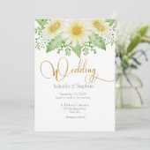 Daisies White Yellow Floral Script Wedding Invitat Kaart (Staand voorkant)
