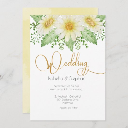 Daisies White Yellow Floral Script Wedding Invitat Kaart (Voorkant / Achterkant)