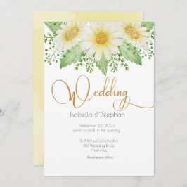 Daisies White Yellow Floral Script Wedding Invitat Kaart