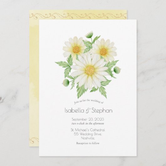 Daisies White Yellow Floral Script Wedding Invitat Kaart (Voorkant / Achterkant)