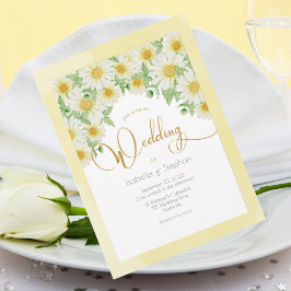 Daisies White Yellow Floral Script Wedding Invitat Kaart