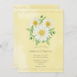 Daisies White Yellow Floral Script Wedding Invitat Kaart