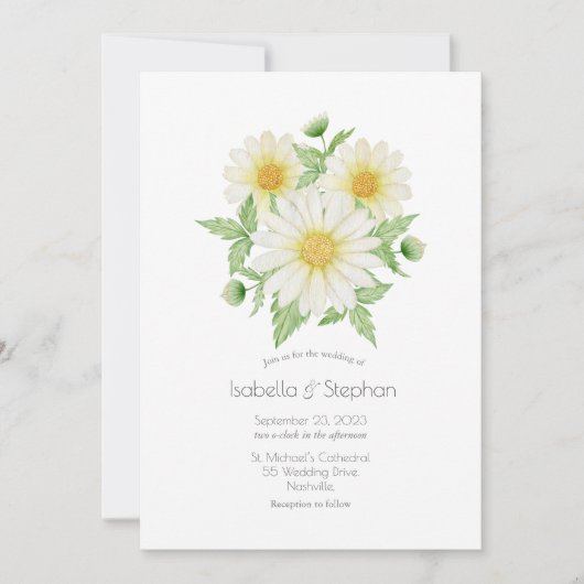 Daisies White Yellow Floral Script Wedding Invitat Kaart (Voorkant)