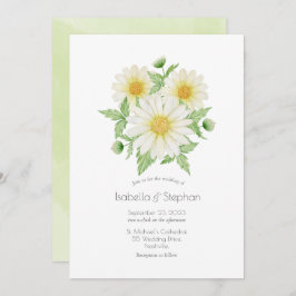 Daisies White Yellow Floral Script Wedding Invitat Kaart