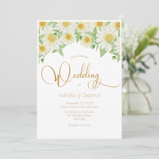 Daisies White Yellow Floral Script Wedding Kaart (Staand voorkant)