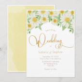 Daisies White Yellow Floral Script Wedding Kaart (Voorkant / Achterkant)
