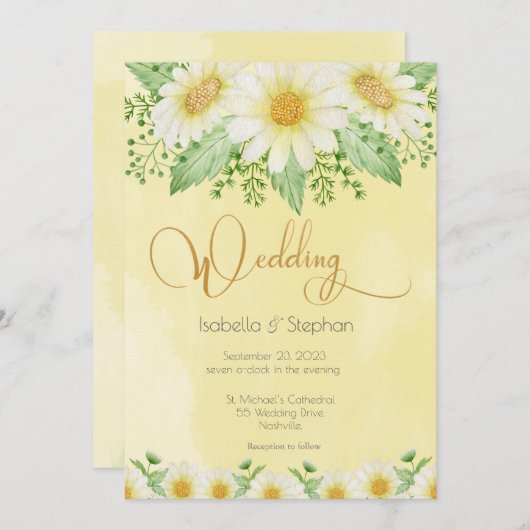 Daisies White Yellow Floral Script Wedding Kaart (Voorkant / Achterkant)