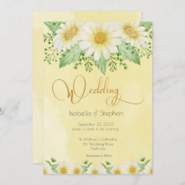Daisies White Yellow Floral Script Wedding Kaart