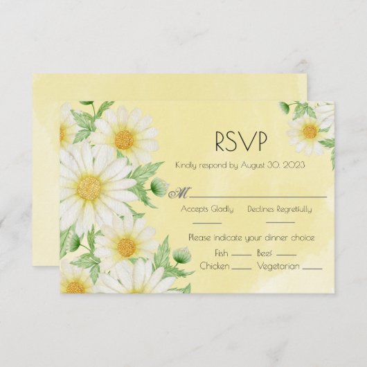 Daisies White Yellow Floral Script Wedding RSVP Kaartje (Voorkant / Achterkant)