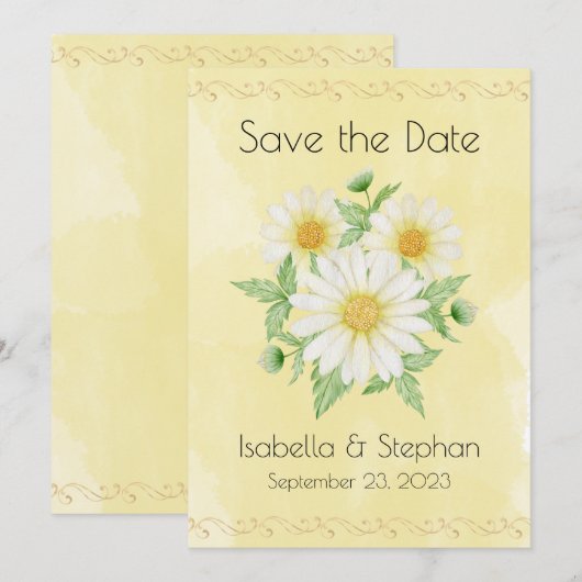 Daisies White Yellow Floral Typografie Save The Date (Voorkant / Achterkant)