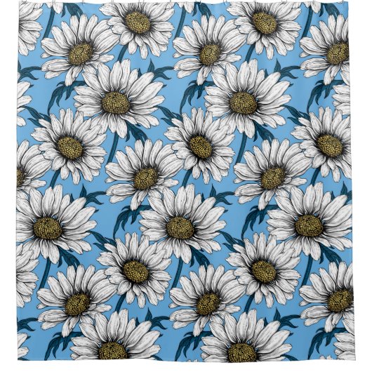 Daisies, wilde bloemen op blauw douchegordijn (Voorkant)